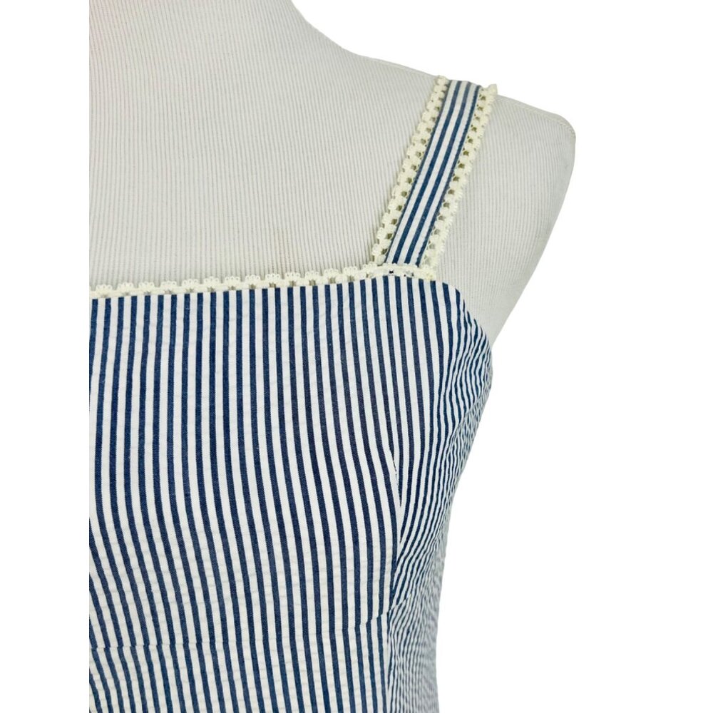 NWT Vintage 90s Petite Sophisticate Lace Trim Blue & White Striped Cotton Dress - Picture 2 of 13